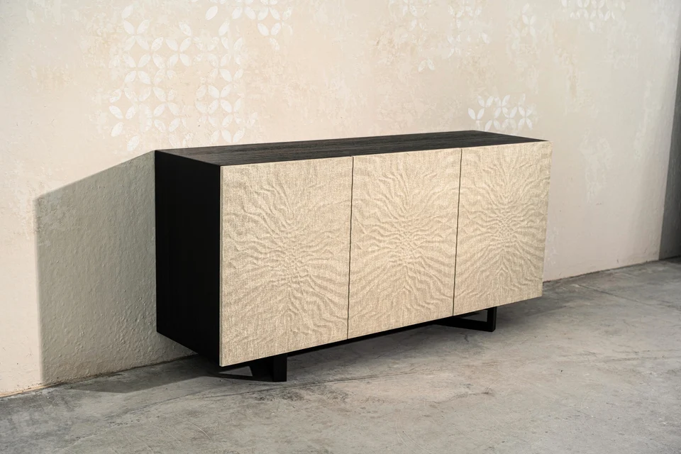 Light sideboard with decorated doors in a natural Woodress finish